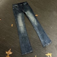 Vintage Blue Washed Distressed Flared Jeans For Men – Retro Stretch Denim With Raw Hem & Faded Effect