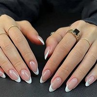 French Tip Almond Press-On Nails - Natural White False Nails With Glue & Gel Tabs, Reusable Fake Nails For Women