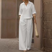 Clothing Solid Casual Two Piece Set Spring Summer Collared Top Wide Leg Pants Fashionable