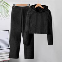 Spring Autumn Casual Knitted Sweater Set Striped Hood Loose Long Pants Style Polyester