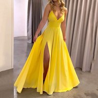 Clothing Summer Suspender V Neck Leaky Back Lace Up Slit Long Dress