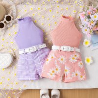 s Clothing Summer Suits Small Medium Solid Halter Neck Top + Printed Shorts + Belt