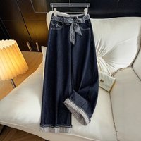 Denim Blue Roll-Up Hem Straight Leg Jeans – High-Waisted Slim Fit Wide-Leg Pants For Women | Casual & Comfortable