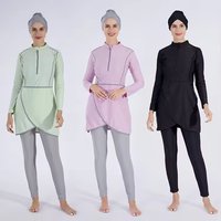 Modest Three Piece Swimsuit Set Conservative Sunscreen Burkini Top Hat Pants Beach Hot Spring Wear