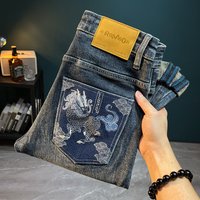 Clothing Embroidery Printed Jeans Autumn Style Pants Thick Style Trendy Brand Elastic Slim High End Pants