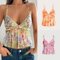 Clothing Sexy Holiday Style Printed Semi Transparent Ear Edge Sleeveless Suspender Top