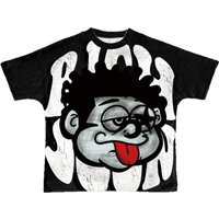 Cartoon Portrait Print Round Neck T-Shirt For Couples Retro High Street Distressed Washed Loose Fitting Short Sleeve Trendy Top