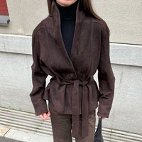 " Suede Like Long Sleeve Jacket – Vintage V Neck Belted Coat "
