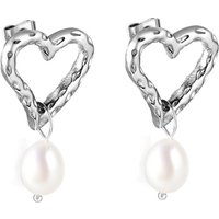 Silver Tone Textured Heart Hoop Earrings with Pearl Dangle, Polished Steel Heart Studs