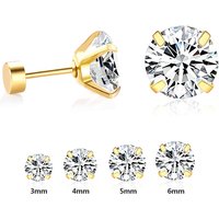 Classic Silver Tone 4-Prong Round CZ Screw Back Earrings, Hypoallergenic Stainless Steel Studs