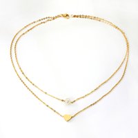 18K PVD Gold Stainless Steel Double Layered Necklace, Heart and Pearl Pendant Choker Set