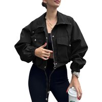 Women's Cropped Jacket Zip Up Lightweight Oversized Utility Anorak Coat with Pockets (black, S)