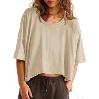 Women's Oversized T-Shirts Cropped Summer Casual Short Sleeve Loose fit Tee Tops (khaki, S)
