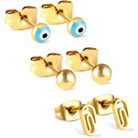 3 Pairs Mismatched Gold Stud Earrings Set – 18K PVD Gold Plated Evil Eye, Round Ball, and Geometric U-Shape Earring Set