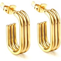 Gold Tone Rectangular Open Hoop Earrings, 21mm Minimalist Geometric Stainless Steel Hoops