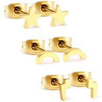 3 Pairs Mismatched Stud Earrings Set – 18K PVD Gold Plated Stainless Steel Star, Moon, and Geometric Shapes