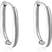 Stainless Steel Oval Huggie Earrings – U-Shaped Geometric Hoops, Hypoallergenic Silver Tone Ear Buckles (17mm)