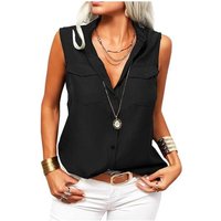 Women's Solid Lapel Sleeveless Tank Tops Summer Button Down Shirts Office Ladies Shirts (black, S)