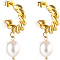 Gold Tone Twisted Rope Hoop Earrings with Freshwater Pearl Dangle, Textured Huggie Hoops