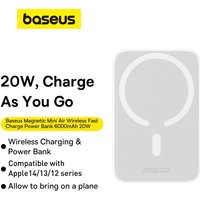 Baseus 6000mAh Mini Magnetic Air Wireless Power Bank - 30cm USB-C to USB-C Cable - Stellar White