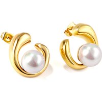 Gold Tone Swirl Open Hoop Earrings with White Pearl, Elegant Spiral Geometric Studs