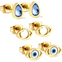 3-Pair Set Geometric Crystal & Evil Eye Stud Earrings, 18k PVD Gold Plated Stainless Steel Mixed Shape Earrings