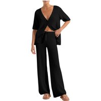 Women's Summer 2 Piece Swimsuit Cover up Crochet Knit Cardigan Tops Long Pants Set Bathing Suit Beach Outfit (black, M)