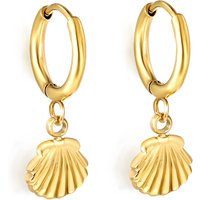 18K Gold Plated Sea Shell Charm Hoop Earrings, Stainless Steel Scallop Shell Dangle Huggies