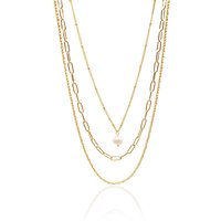 18K Gold Plated Triple Layered Necklace Set with Pearl and Rectangular Pendant