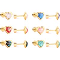 18K Gold PVD Heart Stud Earrings with Colorful Stone Inlay, Surgical Steel Screw Backs