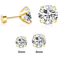 Gold Round Cubic Zirconia Stud Earrings - 3/4mm 4-Prong Set White CZ Screw Back Earrings, 18K Gold Plated Stainless Steel