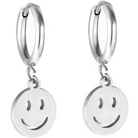 Silver Tone Stainless Steel Smiley Face Dangle Earrings, Minimalist Happy Face Huggie Hoops