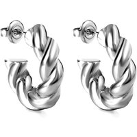 Silver Tone Twisted Rope C-Shape Hoop Earrings, Polished Textured Stainless Steel Open Hoops