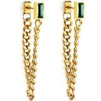 18K Gold Plated Long Chain Drop Earrings with Emerald Green CZ, Rectangular Crystal Tassel