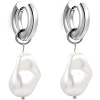 Silver Tone Stainless Steel Hoop Earrings with Baroque Pearl Dangle, 20.4mm Oval Huggies