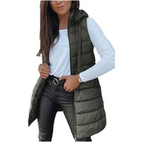 Women Long Vest Solid Color Sleeveless Hood Winter Puffer Vest Outwear (ArmyGreen, M)