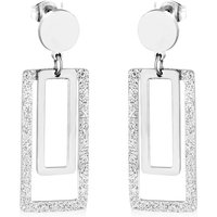 Silver Tone Matte Geometric Rectangular Earrings, Frosted Texture Double Frame Drop Studs