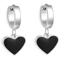Silver Tone Stainless Steel Black Enamel Heart Charm Hoop Earrings, 12.6mm Dangle Huggies