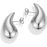 Silver Tone Teardrop Stud Earrings for Women - 25mm Large Rhodium Plated Chunky Waterdrop Design, Polished Metal Jewelry