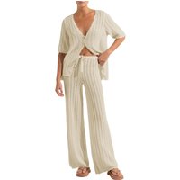 Women's Summer 2 Piece Swimsuit Cover up Crochet Knit Cardigan Tops Long Pants Set Bathing Suit Beach Outfit (beige, S)