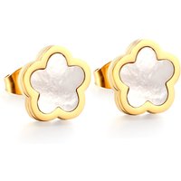 Gold Plated Flower Stud Earrings with White Shell – Mother of Pearl Peach Blossom Inlay, Sweet Floral Jewelry