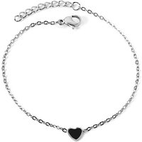 Minimalist Black Heart Charm Bracelet, Polished Stainless Steel, 17+3cm Silver Tone