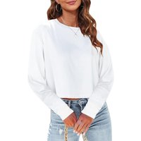 Woman Long Sleeve Cropped T Shirts Round Neck Casual Drop Shoulder Crop Tops Solid Sweater Tees (white, XXL)