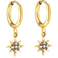 Gold Tone North Star Charm Hoop Earrings, Celestial Starburst Dangle Huggies with Clear CZ