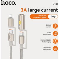 HOCO U138 All-in-one Cable - USB-C/ Lightning to USB-C with Cigarette Lighter - Grey