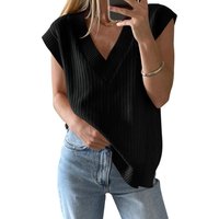 Women's V Neck Sweater Oversized Vest Sleeveless Lightweight Summer Sweater Elegant (black, S)