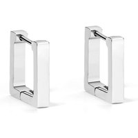Silver Tone Stainless Steel Square Hoop Earrings, 14mm Minimalist Rectangular Huggie Hoops