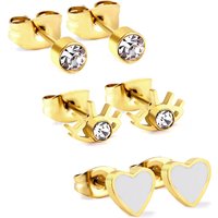 3-Pair Set Heart & Starburst Crystal Stud Earrings, 18k PVD Gold Plated Stainless Steel Dainty Jewelry Set