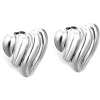 Silver Tone Polished Textured Heart Stud Earrings, 23.4mm Ribbed Surgical Steel Heart Studs