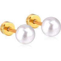 Stainless Steel Pearl Screw Back Earrings - 18K PVD Gold Plated 5/6mm White Faux Pearl Studs, Hypoallergenic Jewelry